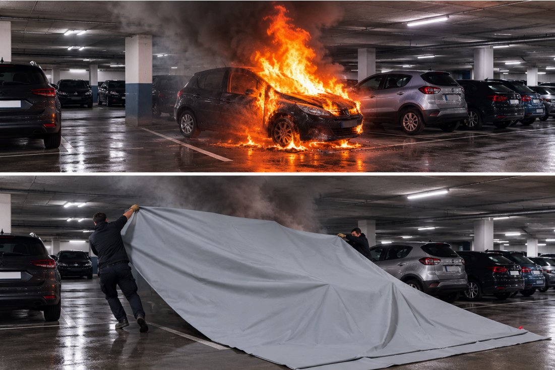 Déploiement d’une bâche anti-feu sur un véhicule en feu dans un parking couvert – Visuel d’illustration. © Flamastop / Image générée par IA.